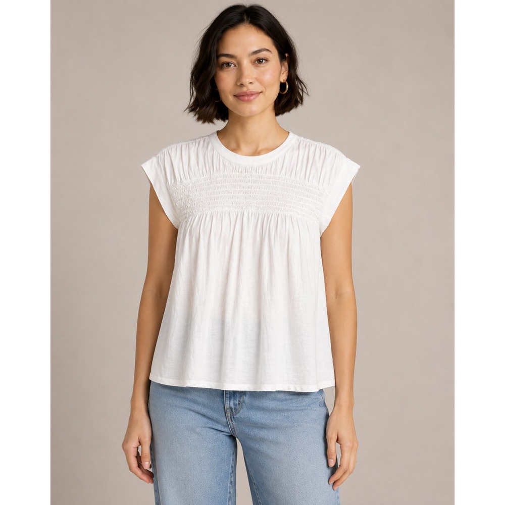 Anthropologie Women XXS White Smocked Babydoll Top 100% Cotton Cap Sleeve Blouse